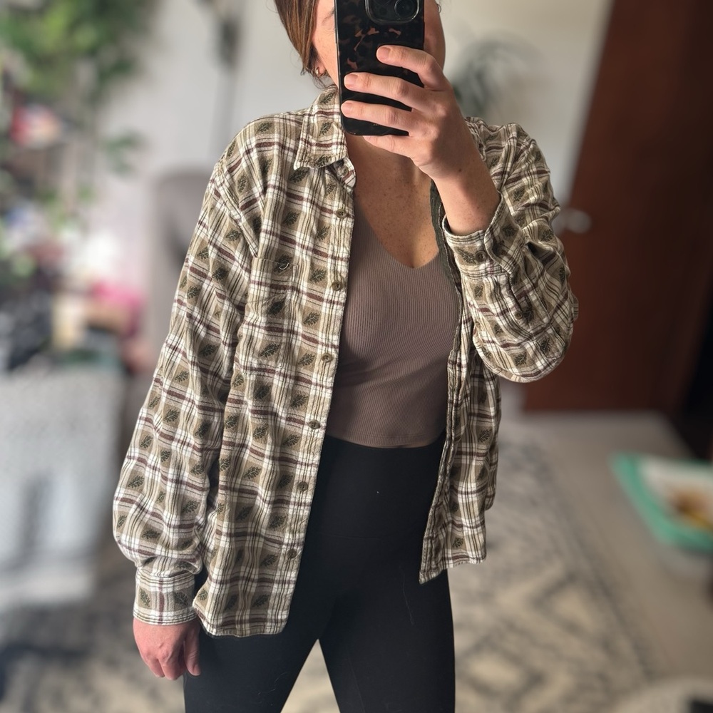 Vintage Christopher & Banks Leaf Pattern Button-Down Plaid Shirt